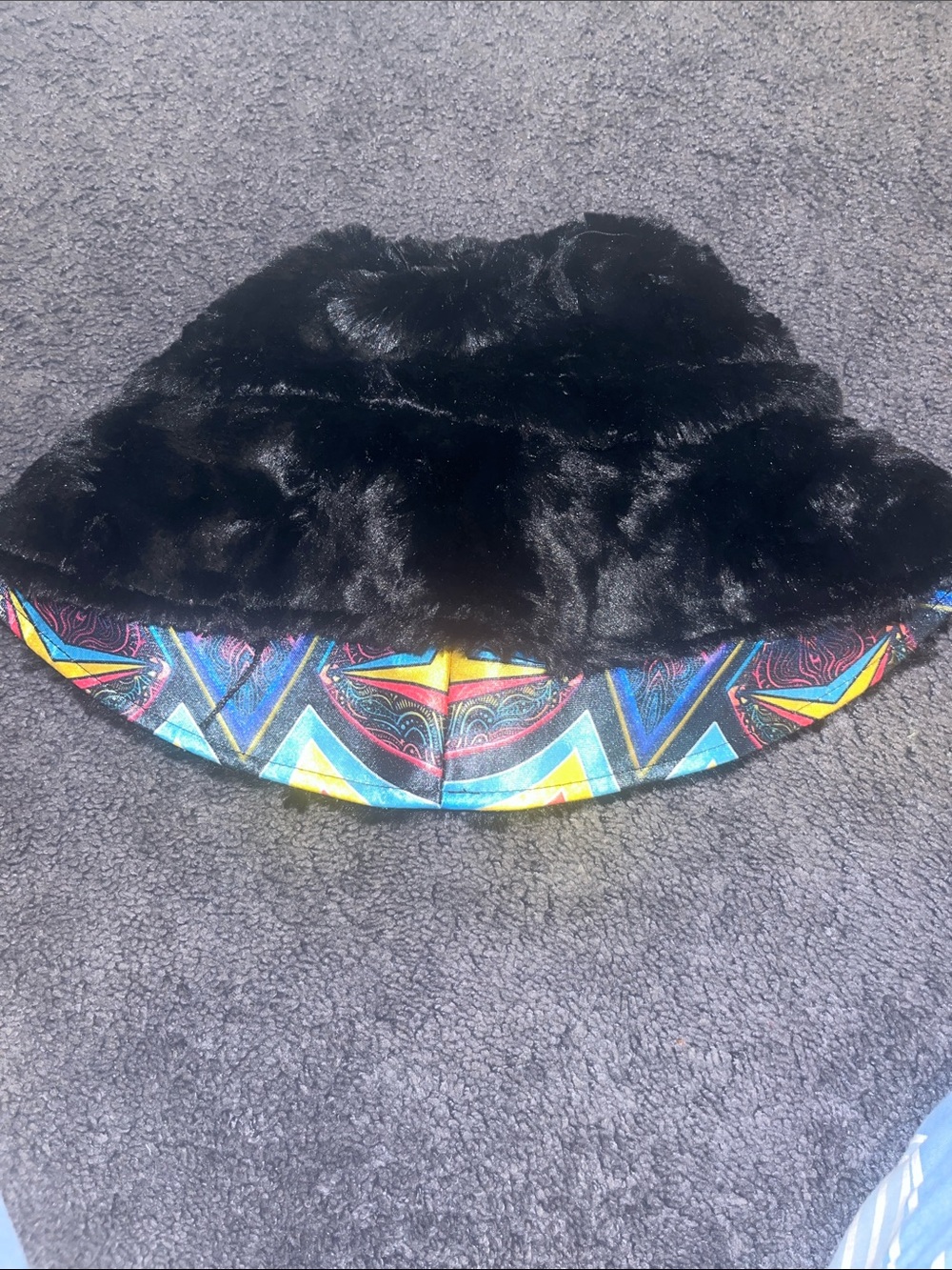 Reversible Faux Fur Bucket Hat with Colorful Patterned Brim